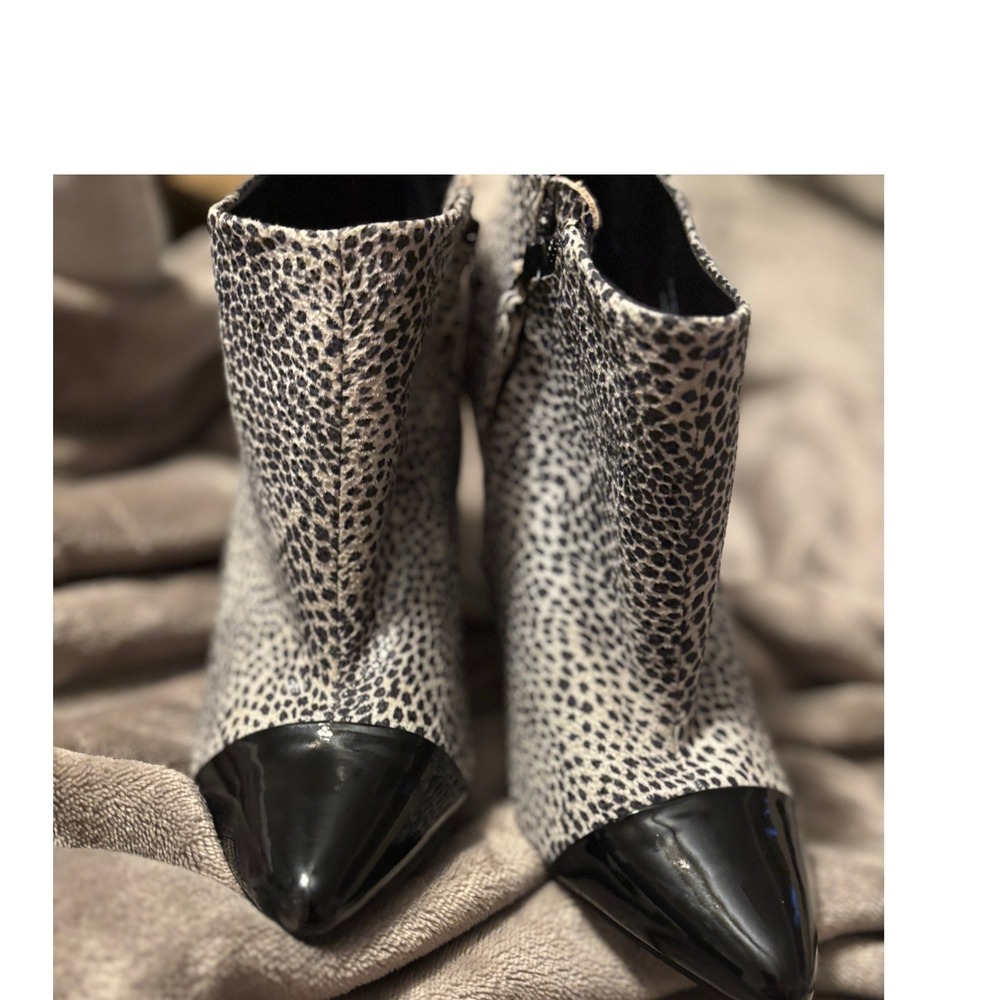 Tilley Animal Print Ankle‎ Boots Black White Pointed Patent Cap Toe Block Heel